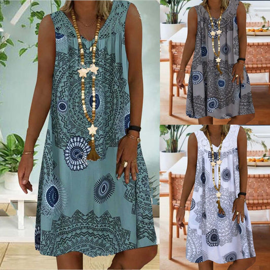 🔥👗 【S–5XL】Női ujjatlan, nyomott mintás nyári ruha