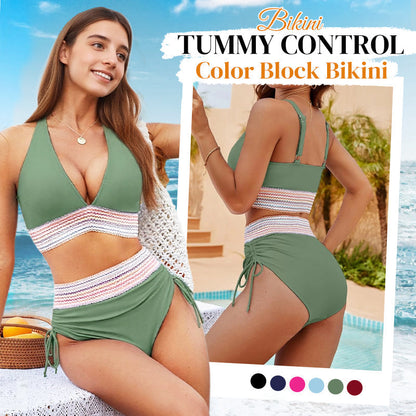 ⛱️ S-4XL 🌺 Magas Derekú Hasformáló Színblokk Bikini Szettek 🌈👙
