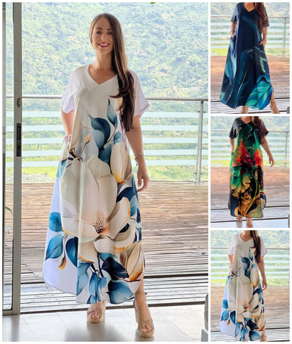 🎉Korlátozott idő 50% OFF✨👗Női laza alkalmi V-nyakú nyomtatott rövid ujjú ruhák