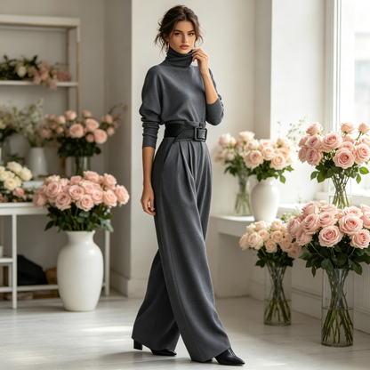 👗 Női szett garbóval és magas derékú szoknyával – Kiegészítő övvel, könnyű elegancia hétköznapokra és családi alkalmakra✨