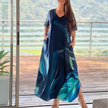 🎉Korlátozott idő 50% OFF✨👗Női laza alkalmi V-nyakú nyomtatott rövid ujjú ruhák