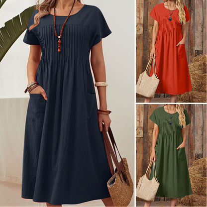 【S-4XL】👗Női rakott ruha rövid ujjal és zsebekkel