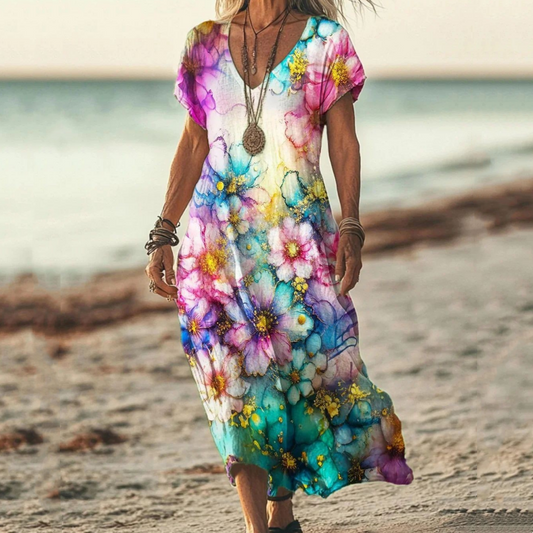 【S-3XL】🌺Női nyomtatott V-nyakú, rövid ujjú, hosszú ruha