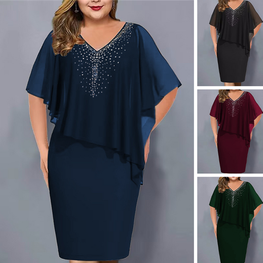 2025🔥【S-4XL】👗Strasszos V-nyakú Cape ruha sifon borítással