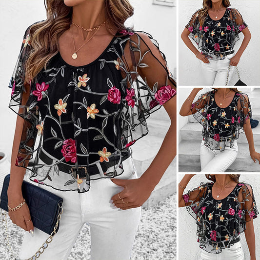 🔥[S-XL]👚 Női nyomtatott hálós patchwork felső 🥰