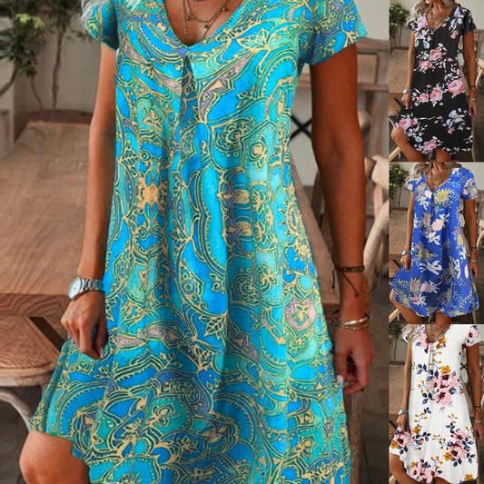 🔥👗【M-3XL】Női elegáns virágos nyomtatás V-nyakú hosszú ruha