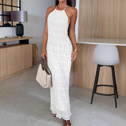 💃[S-XL]😍Rakott textúra Halter nyak Backless Maxi ruha