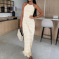 💃[S-XL]😍Rakott textúra Halter nyak Backless Maxi ruha