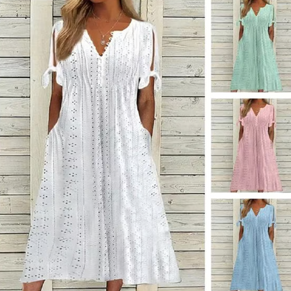🥰[M-3XL]🌼Női elegáns V-nyakú üreges egyszínű ruha ❤️