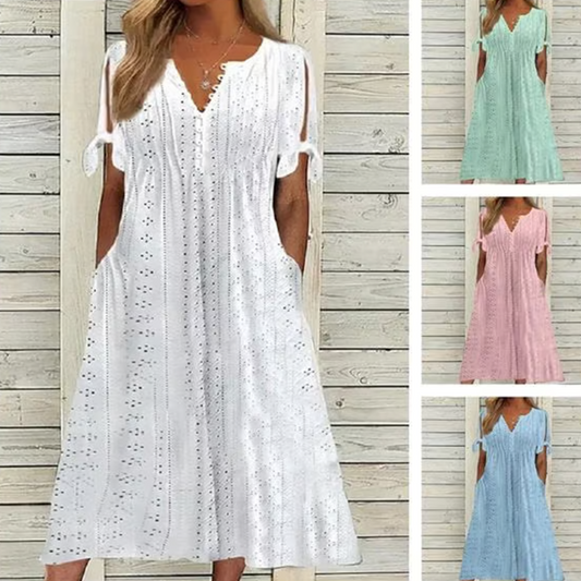 🥰[M-3XL]🌼Női elegáns V-nyakú üreges egyszínű ruha ❤️