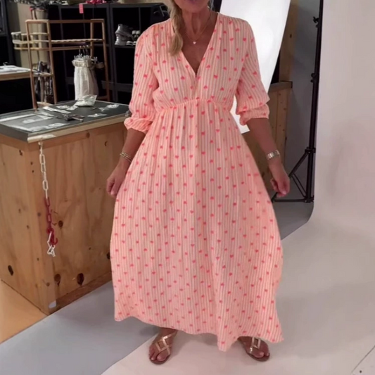 🔥[S-2XL]👗2025 Új Szív nyomtatott V-nyakú csíkos rövid ujjú ruha