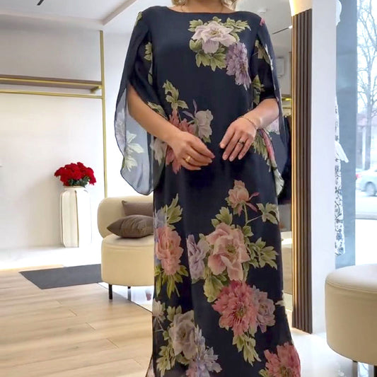 🔥👗[S-4XL]🌺Női Elegáns Crew nyakú nyomtatott hosszú ruha