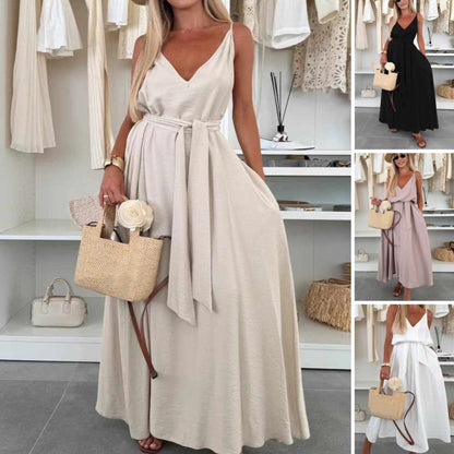 🌸[S-3XL]🌈Női spagetti pántos maxi ruha derékpánttal💃
