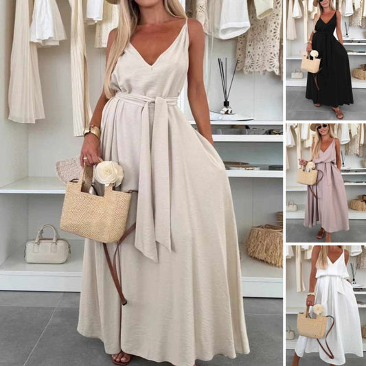 🌸[S-3XL]🌈Női spagetti pántos maxi ruha derékpánttal💃