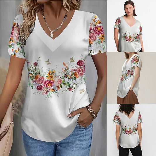 【S-4XL】🌺Női virágos nyomtatott V-nyakú rövid ujjú felső