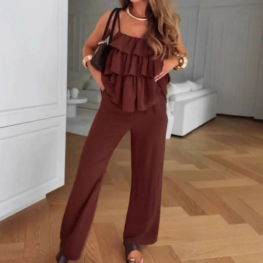🤩[S-3XL]💕Ujjatlan, réteges, fodros részletekkel díszített jumpsuit✨