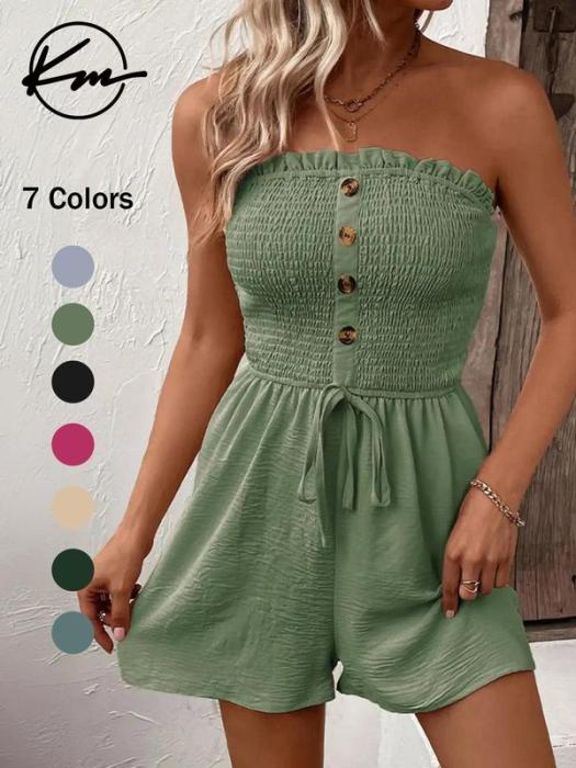 🔥[S-3XL]👗Női pánt nélküli Frill Trim Shirred Tie Front széles lábú cső Romper