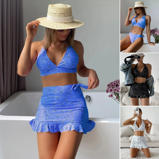 🌞[S-XL]🏖️ Női 3-Részes Nyomott Bikini Fürdőruha Szett 👙✨