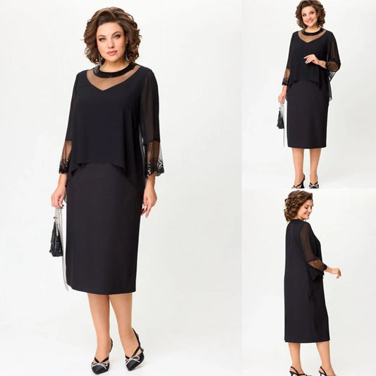 💖😍 【S-4XL】✨Elegáns fekete 3/4 ujjú ruha👗