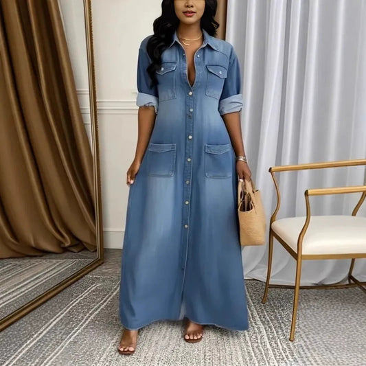 🎁[S-3XL]💃Női button down farmer laza ruhák❤️