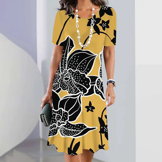 🌺[S-4XL]👗 Női kerek nyakú, nyomtatott midi ruha🌿