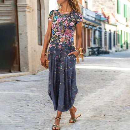 🌺[S-3XL]💖Női virágos nyomtatott rövid ujjú hosszú ruhák👗