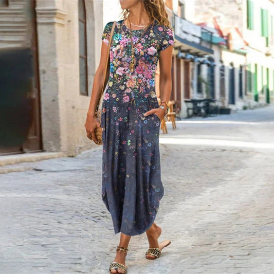🌺[S-3XL]💖Női virágos nyomtatott rövid ujjú hosszú ruhák👗