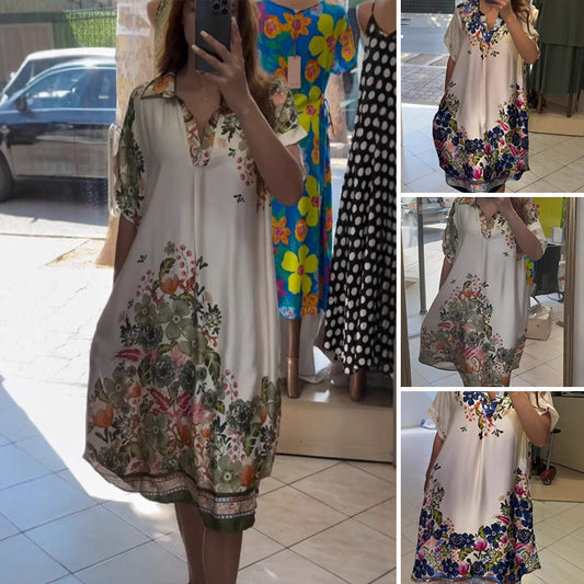 🍀[S-4XL]🌺Laza V-nyakú hajtókás tervezés virágos ruha💖