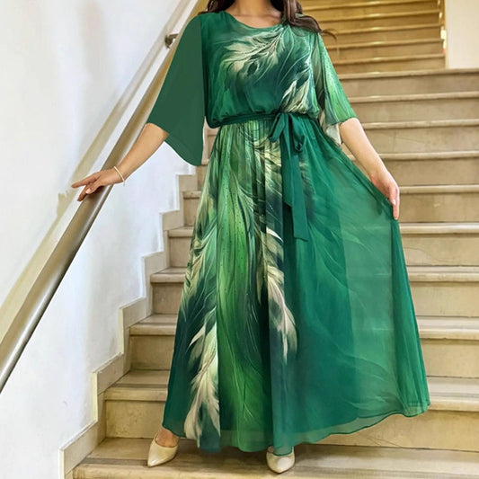 🍀【S-4XL】💖Kerek nyakú, nyomtatott maxi ruha övvel💐💃