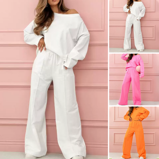🔥[S-3XL]🎁Divatos és minimalista kerek nyakú felső és széles szárú nadrág 2 részes szett