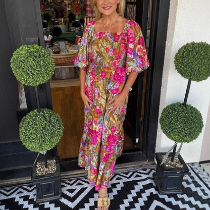 💖[S-2XL]🌞Nyári Eladó 40% KI🔥Flower Garden Olive Maxi ruha