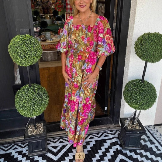 💖[S-2XL]🌞Nyári Eladó 40% KI🔥Flower Garden Olive Maxi ruha