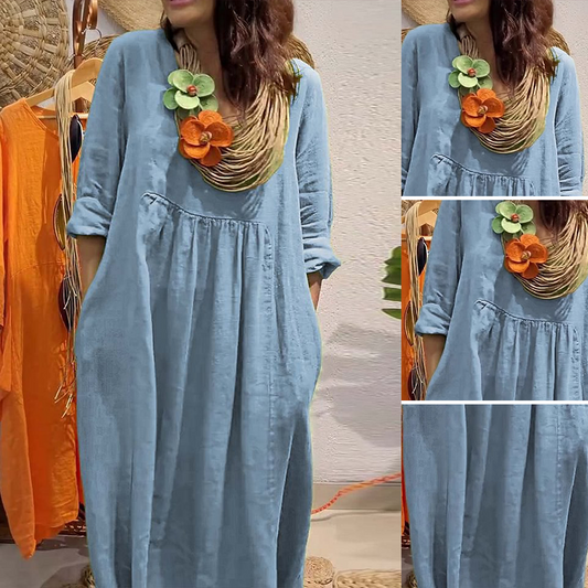 💖[S-3XL]🍀Laza illeszkedésű, egyszínű, V-nyakú maxi ruha🌸