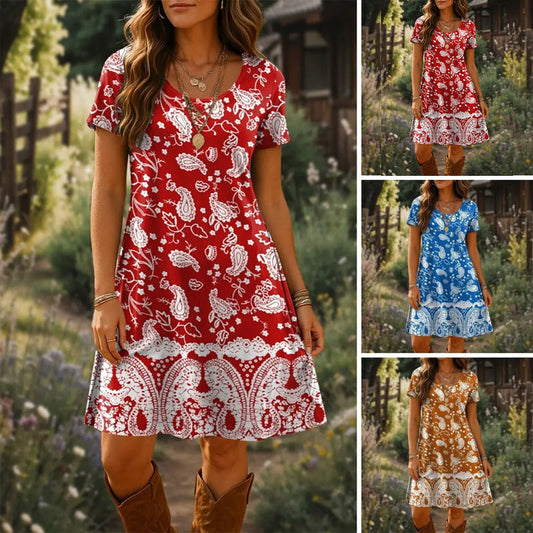 💖[S-3XL]🍀Női etnikai mintás rövid ujjú ruha🌸