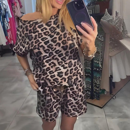 Leopard Print Off-Shoulder Top & Shorts Set