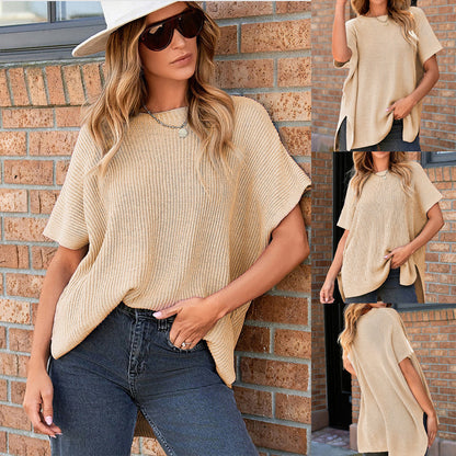 💗[S-XL]🎁Női Loose Fit rövid ujjú kötött felső