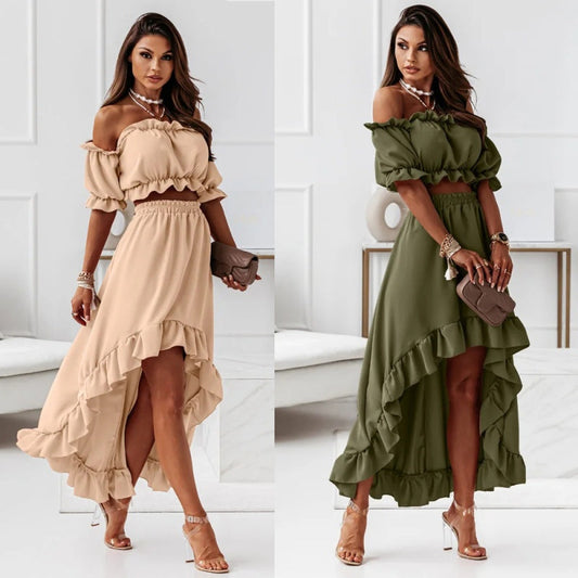 🔥[S-XL]💖Női Off Shoulder Crop Top & High-Low Hem szoknya szett🍀