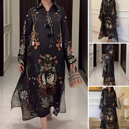 🔥[S-3XL]💖Női nyomtatott V-nyakú laza hosszú ujjú Maxi ruha