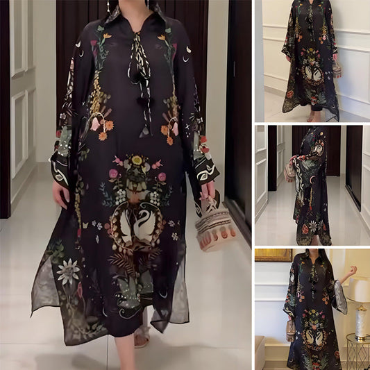 🔥[S-3XL]💖Női nyomtatott V-nyakú laza hosszú ujjú Maxi ruha
