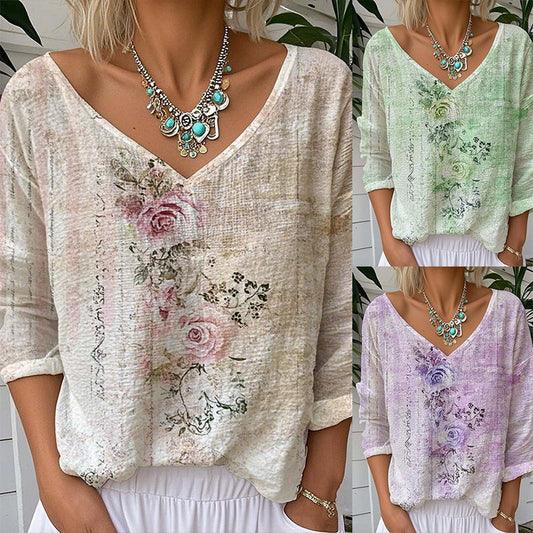 🌸[S-2XL]🌿 Női Laza Fit V-nyakú Virágos Blúz