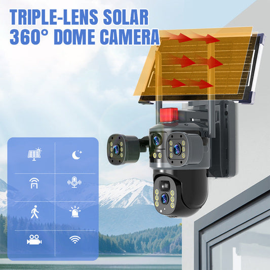 🎥 Három lencsés HD kamera, napenergia-ellátó rendszerrel és 360°-os panorámaképpel