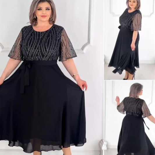 💃👑[S-4XL]💎Fekete kerek nyakú, derékban csípős ruha strasszkövekkel