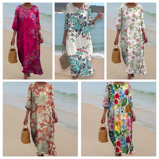 💃【S-4XL】🌈Kerek nyakú virágos nyomtatott ruha 3/4 ujjal🌺