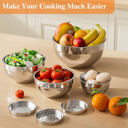 🥣✨ 6 darabos rozsdamentes acél keverőtál készlet! Légmentesen záródó fedővel + 3 reszelővel az egylépéses ételkészítéshez és tároláshoz!