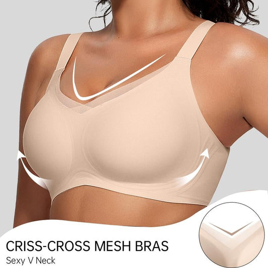 ✨Légáteresztő és nem fullasztó😍 Női, merevítő nélküli, V-nyakú, keresztbe kötött, hálós, varratmentes push-up melltartó