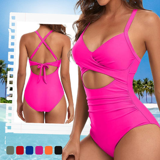 👙Női egyszínű bordázott, kivágott elülső formázó fürdőruha