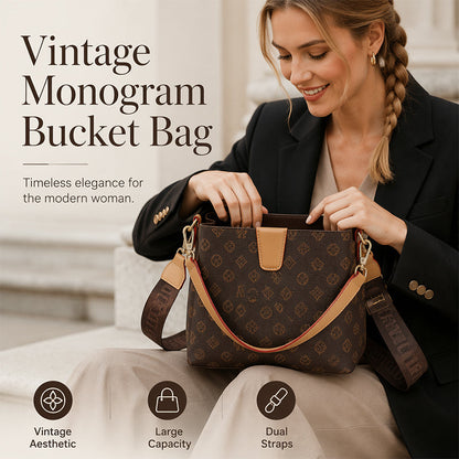 👜🌙 Női vintage monogramos vödörtáska – Állítható vállpánt, elegáns és praktikus, sok holmi elfér benne✨
