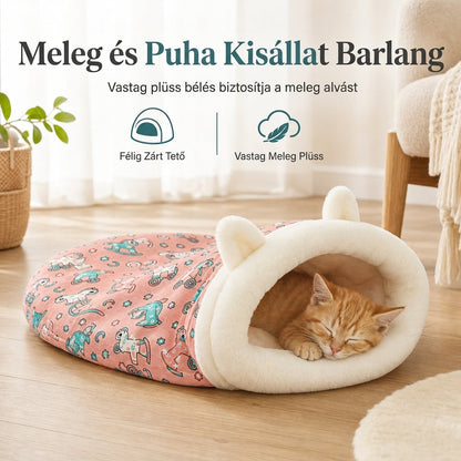 🐱 Félig zárt meleg kisállat barlangfészek – Puha belső, biztonságos érzet, nyugodt alvás kedvence számára✨