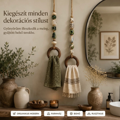 🛁Dekoratív gyöngyös törölközőakasztó fa karikával – Szép és praktikus fürdőszobai kiegészítő✨