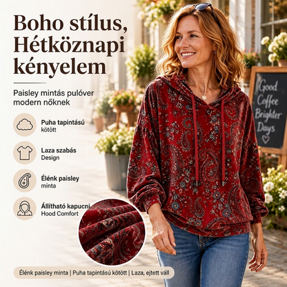 ✨🧶 Női paisley mintás húzózsinóros pulóver – Bohém stílus, puha kényelmes hétköznapi viselet✨